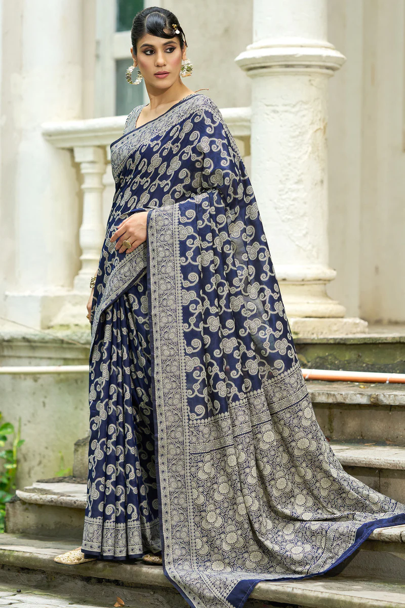 Lustrous Navy Blue Lucknowi Silk Saree With Ideal Blouse Piece - Image 3