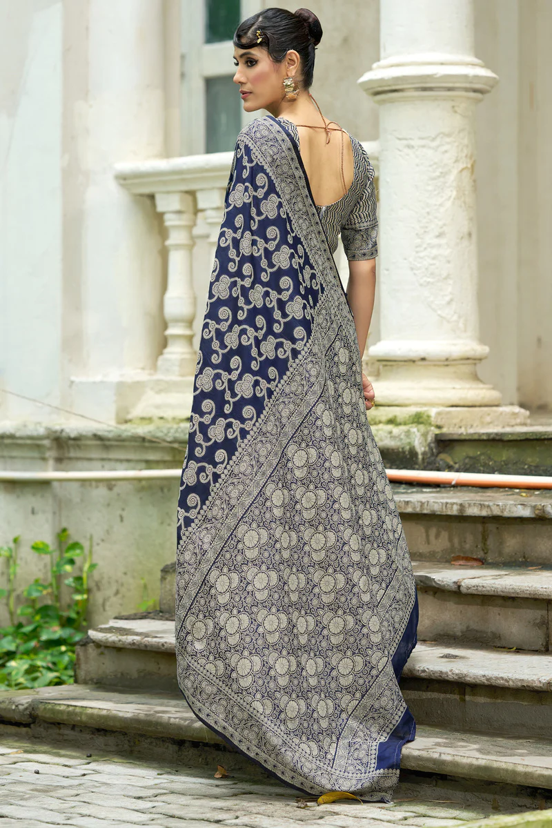 Lustrous Navy Blue Lucknowi Silk Saree With Ideal Blouse Piece - Image 4