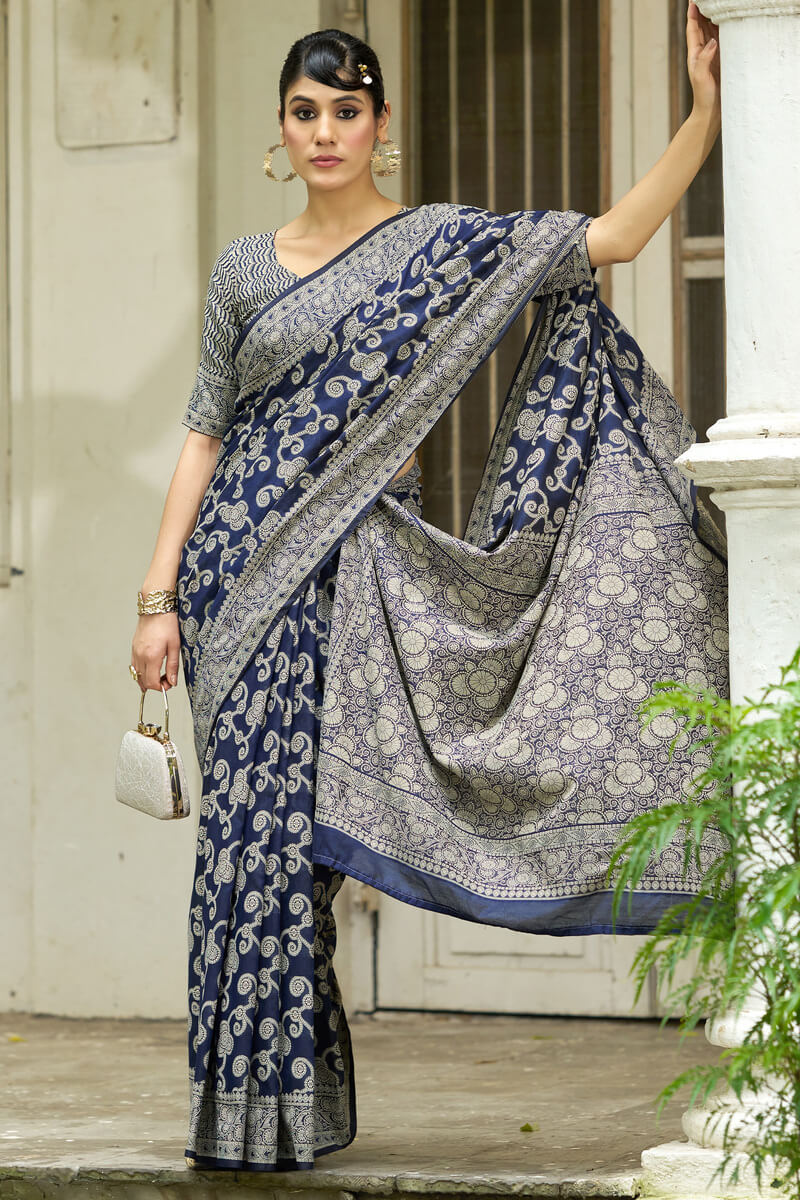 Lustrous Navy Blue Lucknowi Silk Saree With Ideal Blouse Piece - Image 5