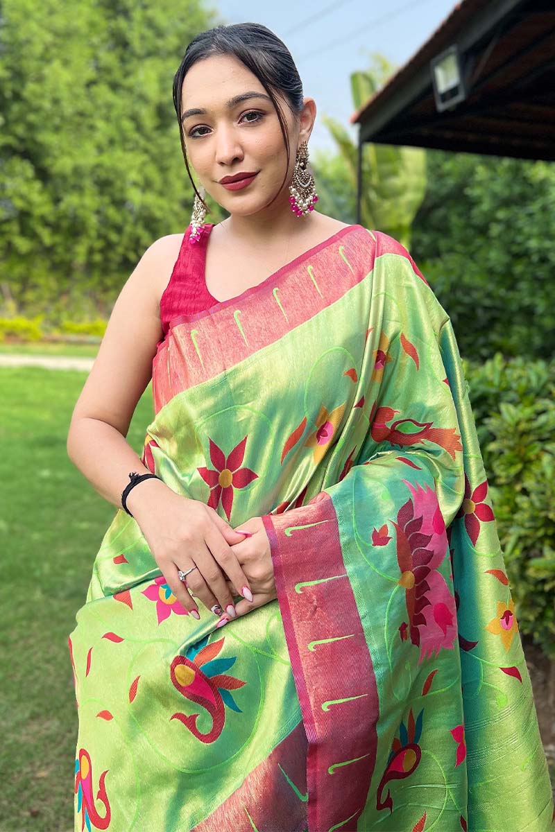 Lustrous Parrot Paithani Silk Saree With Dazzling Blouse Piece - Image 2