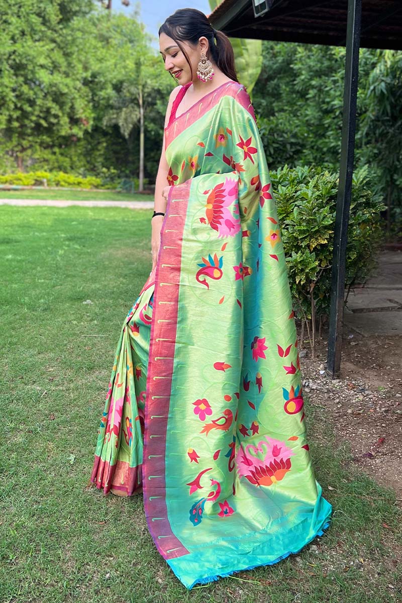 Lustrous Parrot Paithani Silk Saree With Dazzling Blouse Piece - Image 3