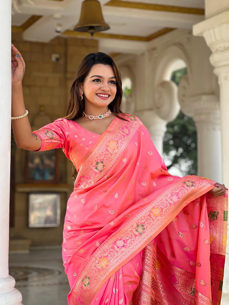 Lustrous Pink Soft Banarasi Silk Saree With Mellifluous Blouse Piece - Image 2