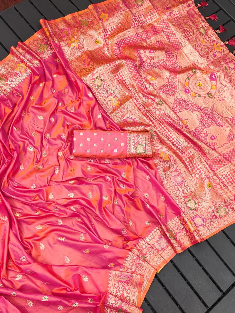 Lustrous Pink Soft Banarasi Silk Saree With Mellifluous Blouse Piece - Image 3