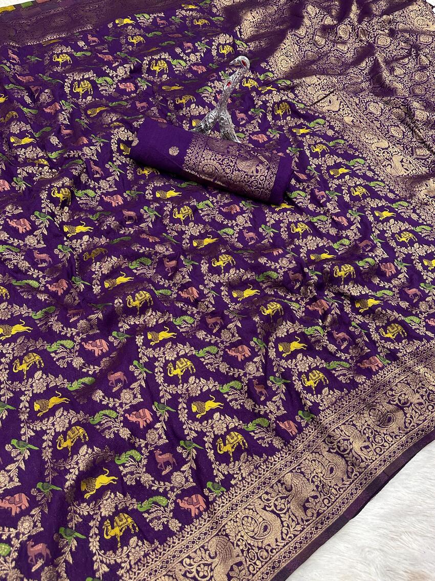 Lustrous Royal Purple Soft Banarasi Silk Saree With Eclat Blouse Piece - Image 2