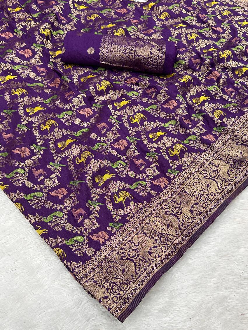 Lustrous Royal Purple Soft Banarasi Silk Saree With Eclat Blouse Piece - Image 3