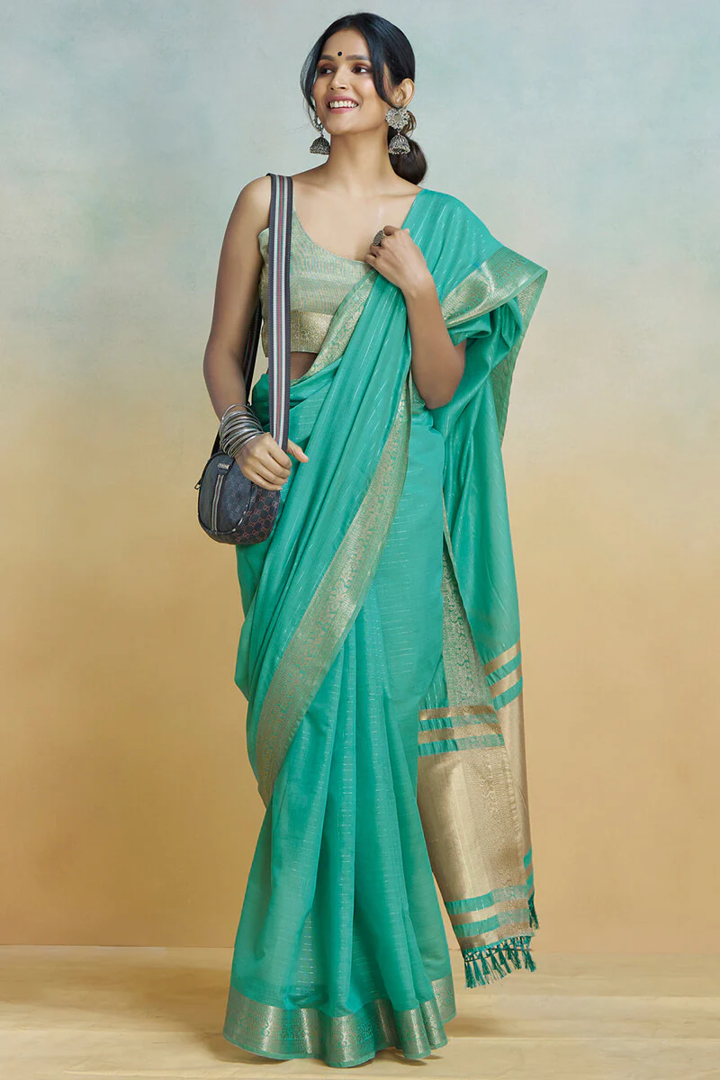 Lustrous Sea Green Cotton Silk Saree With Proficient Blouse Piece - Image 4