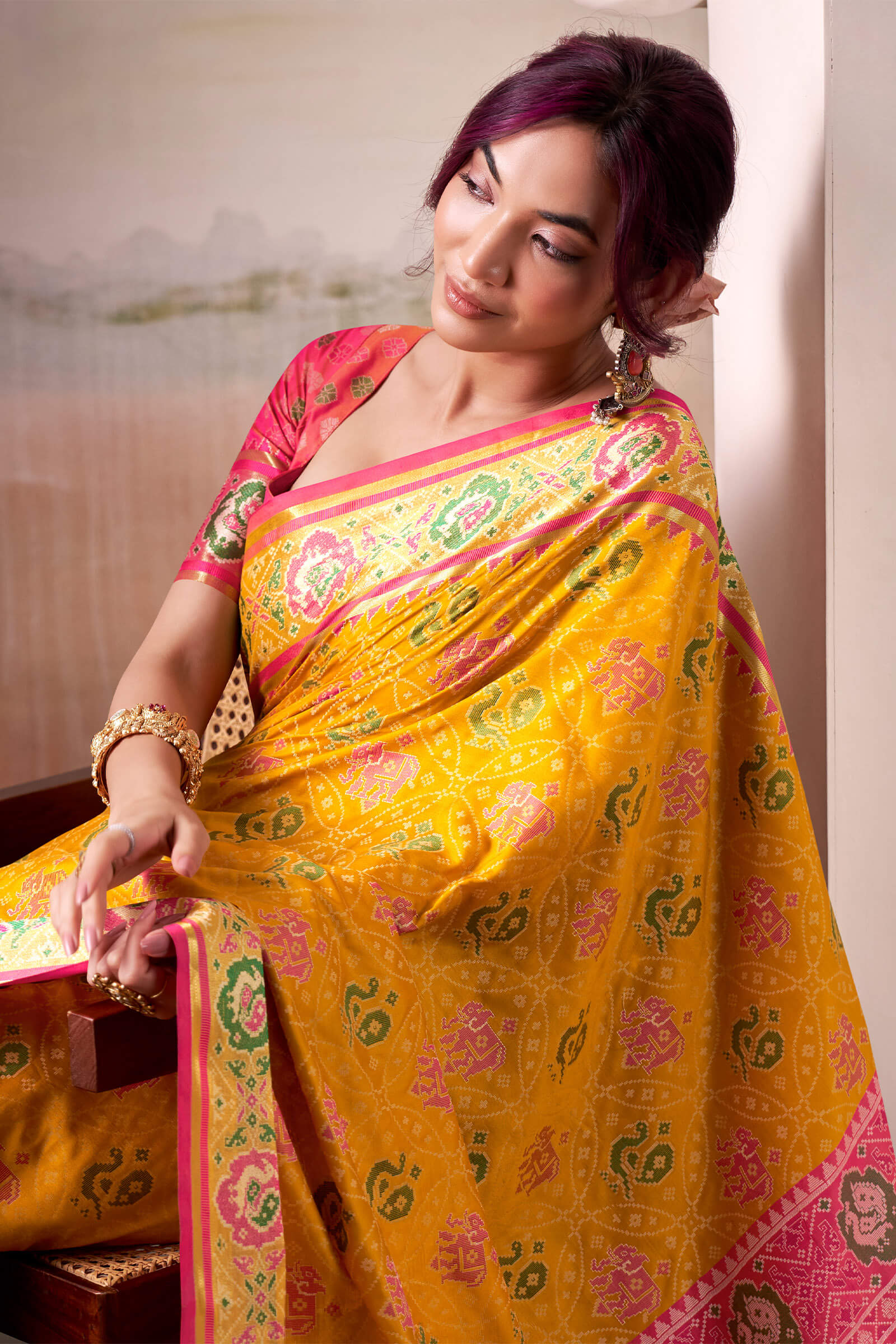 Lustrous Yellow Patola Silk Saree With Desirable Blouse Piece - Image 2