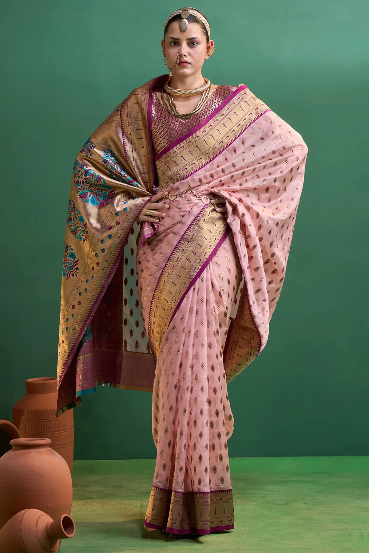 Luxuriant Baby Pink Organza Paithani Silk Saree With Traditional Blouse Piece - Image 3