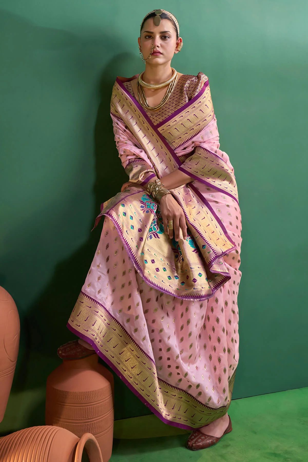 Luxuriant Baby Pink Organza Paithani Silk Saree With Traditional Blouse Piece - Image 5