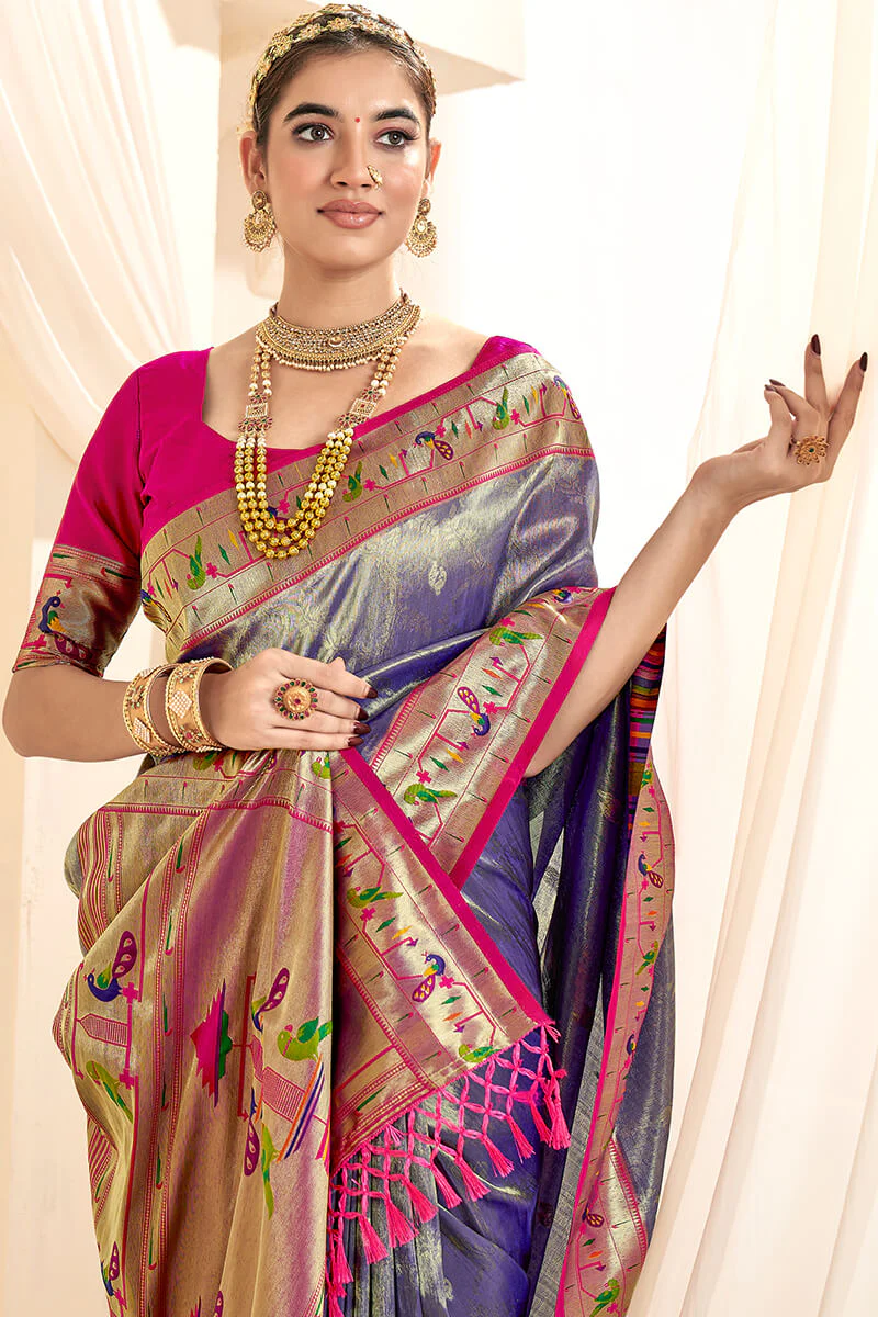 Luxuriant Blue Paithani Silk Saree With Prodigal Blouse Piece - Image 2