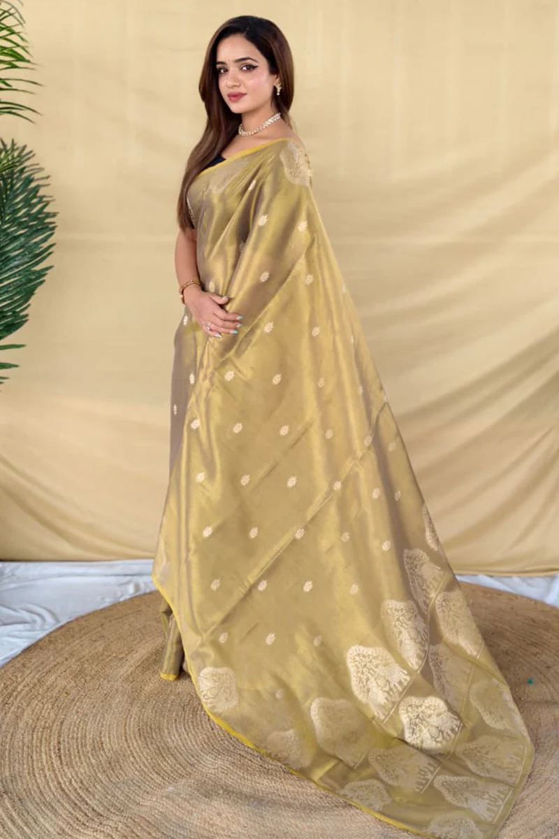 Luxuriant Dark Beige Banarasi Tissue Silk Saree With Bucolic Blouse Piece - Image 2