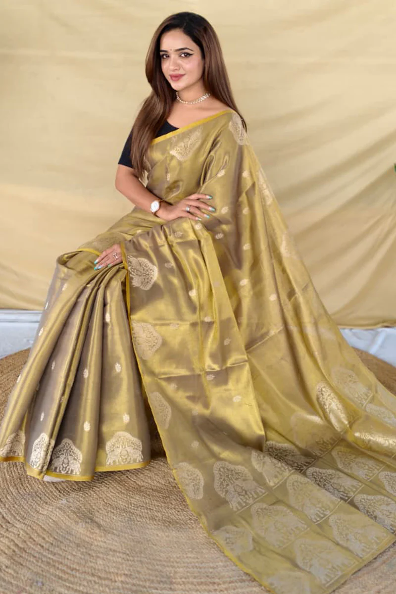 Luxuriant Dark Beige Banarasi Tissue Silk Saree With Bucolic Blouse Piece - Image 4
