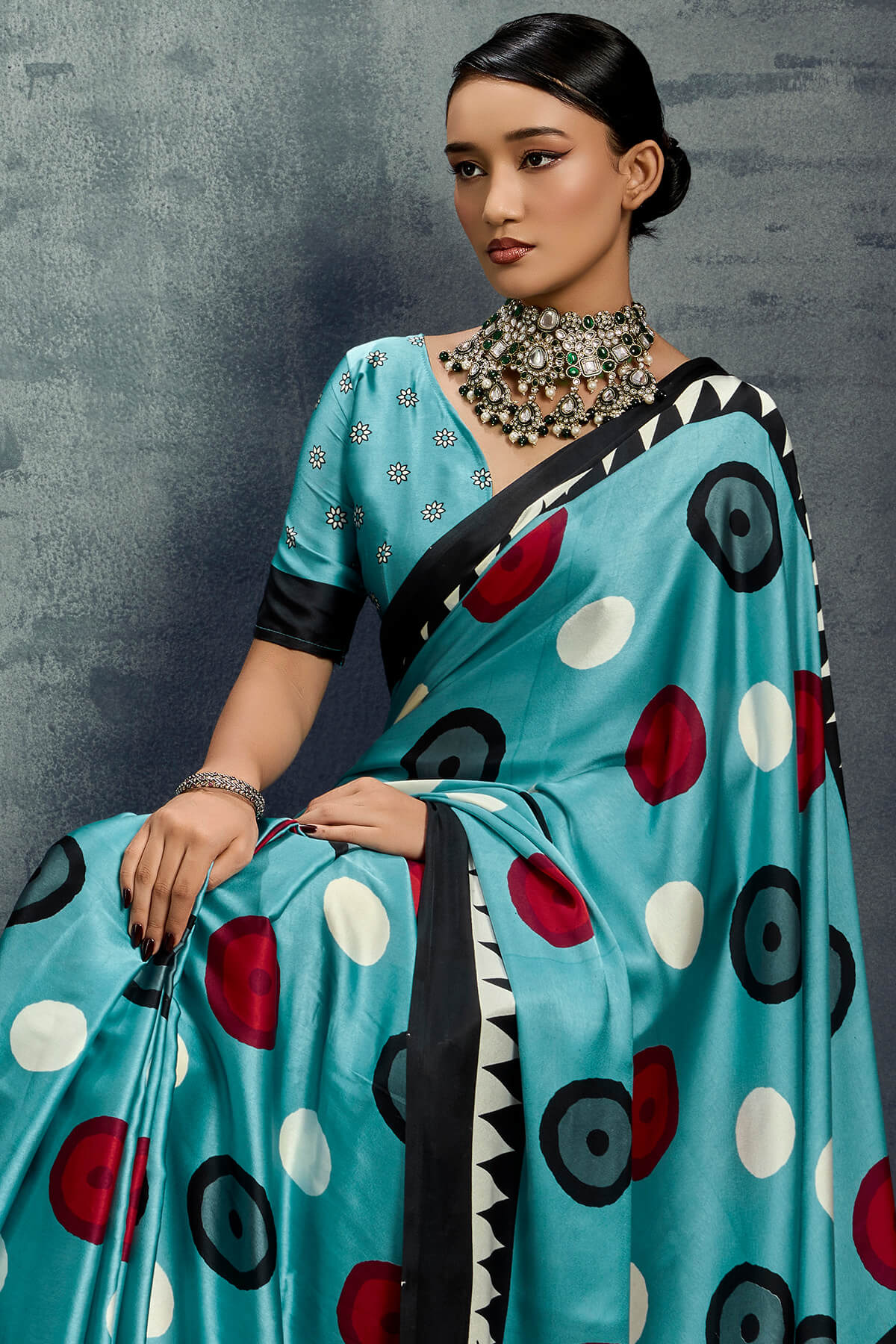 Luxuriant Firozi Ajrakh Printed Satin Silk Saree With Dalliance Blouse Piece - Image 2