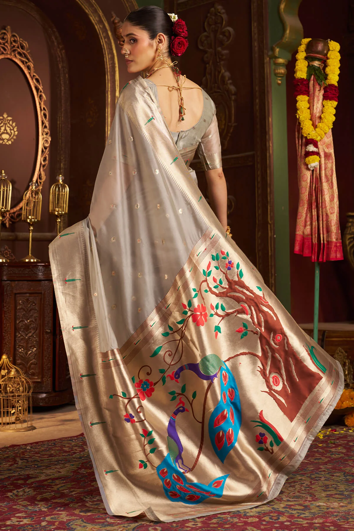 Luxuriant Grey Organza Paithani Silk Saree With Intricate Blouse Piece - Image 6