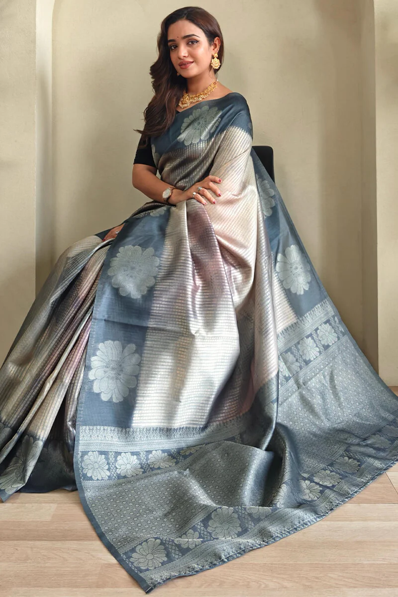 Luxuriant Grey Soft Banarasi Silk Saree With Trendy Blouse Piece - Image 2