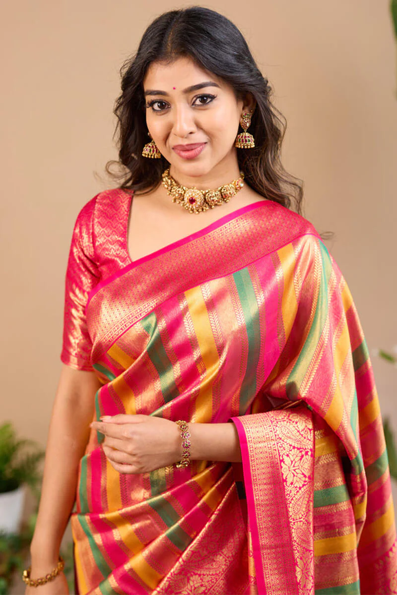 Luxuriant Multicolor Soft Banarasi Silk Saree With Supernal Blouse Piece - Image 6