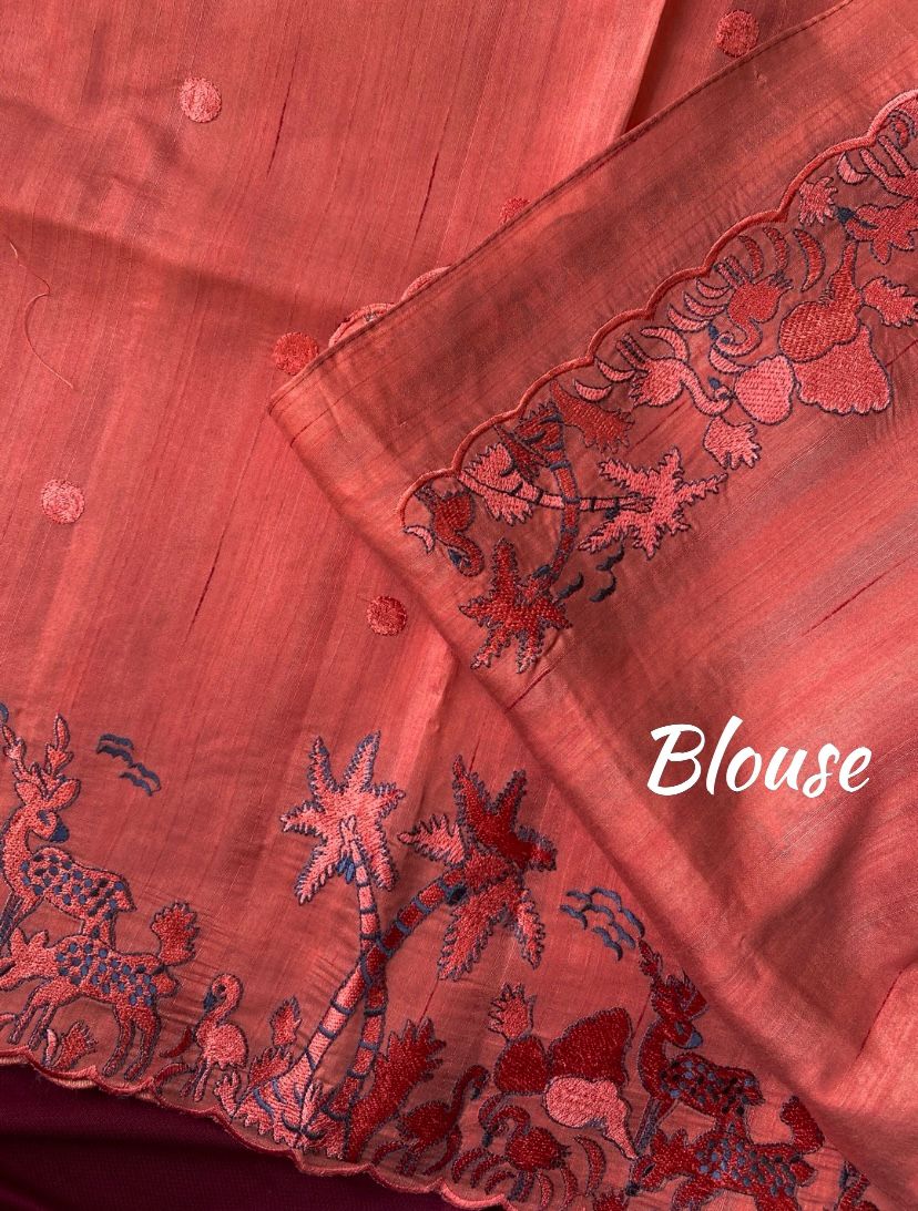 Luxuriant Peach Embroidery Work Tussar Silk Saree With Wonderful Blouse Piece - Image 3
