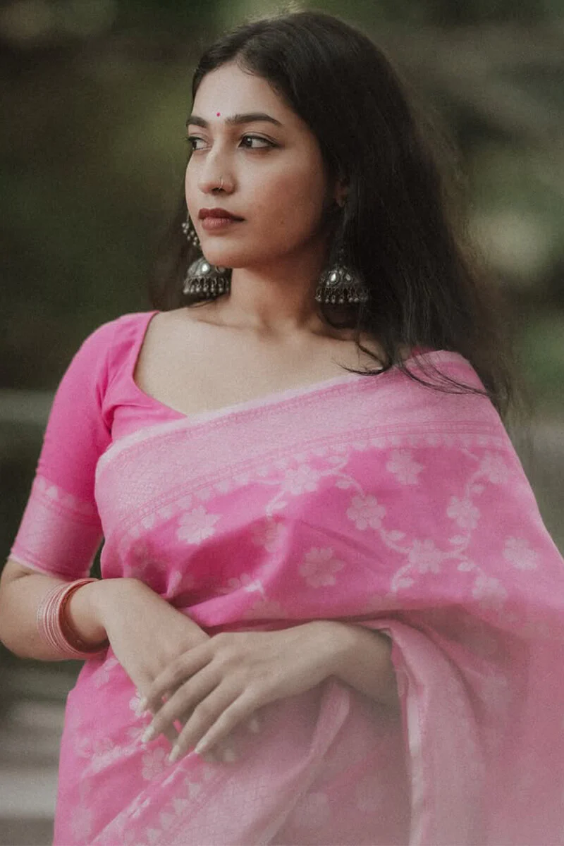 Luxuriant Pink Cotton Silk Saree With Evocative Blouse Piece - Image 7