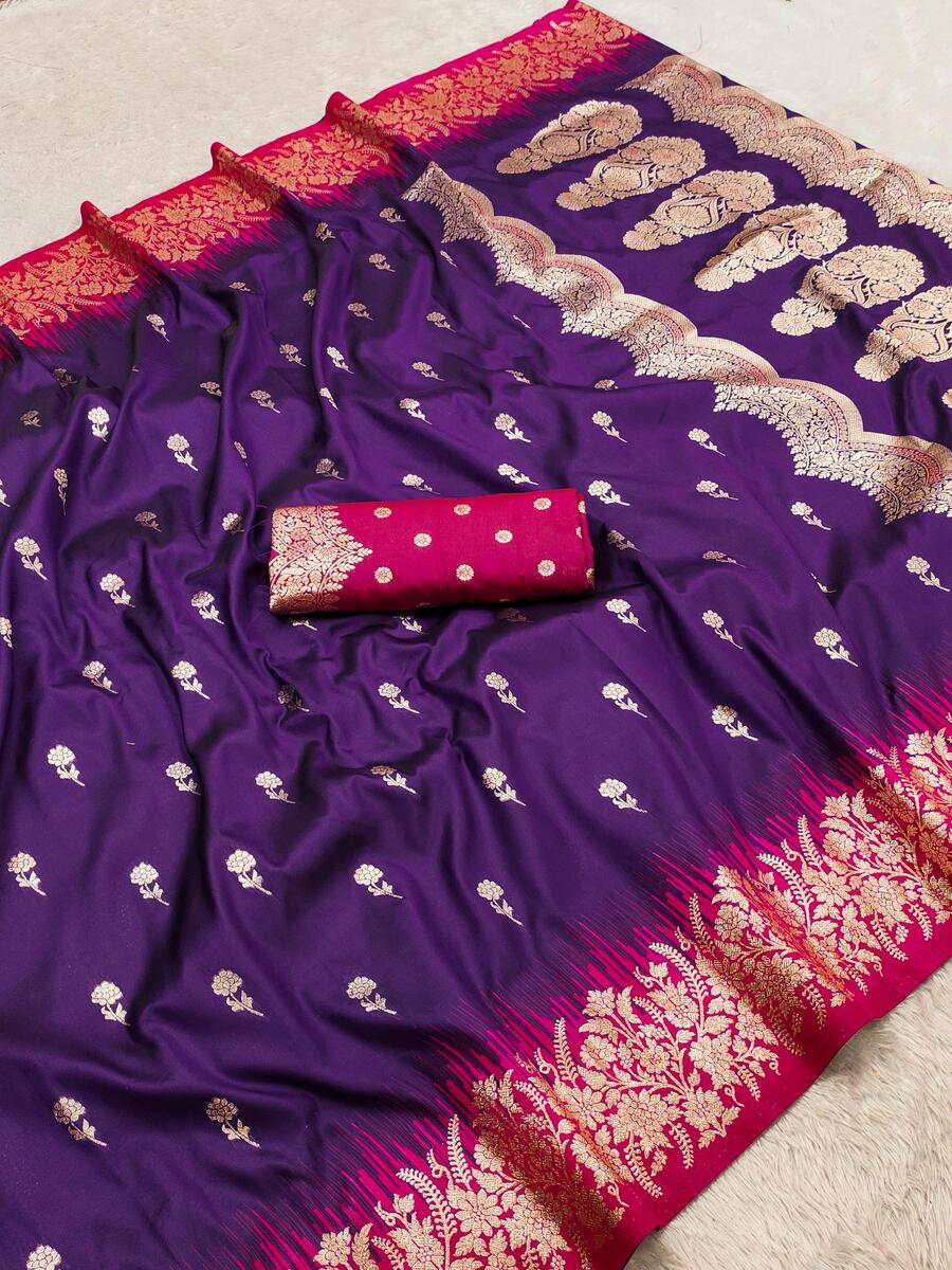 Luxuriant Purple Pure Zari Weaving Banarasi Silk Saree With Wonderful Blouse Piece - Image 2