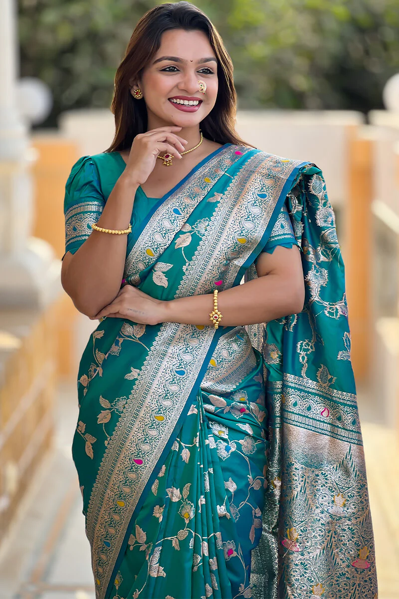 Luxuriant Rama Soft Banarasi Silk Saree With Elaborate Blouse Piece - Image 3