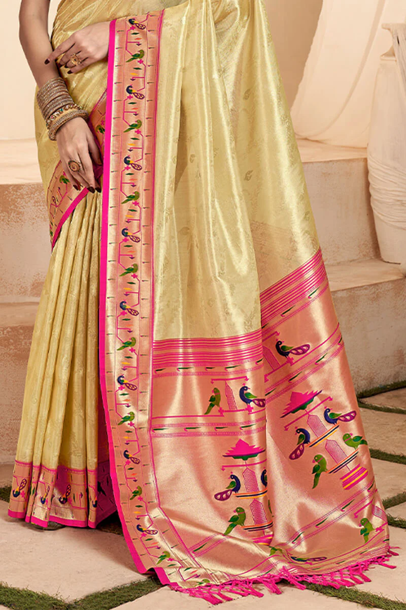 Magnetic Beige Paithani Silk Saree With Luminous Blouse Piece - Image 3