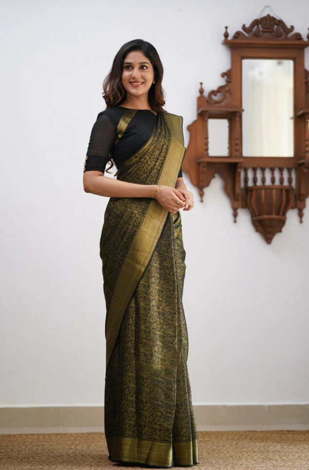 Magnetic Black Soft Silk Saree With Palimpsest Blouse Piece - Image 3