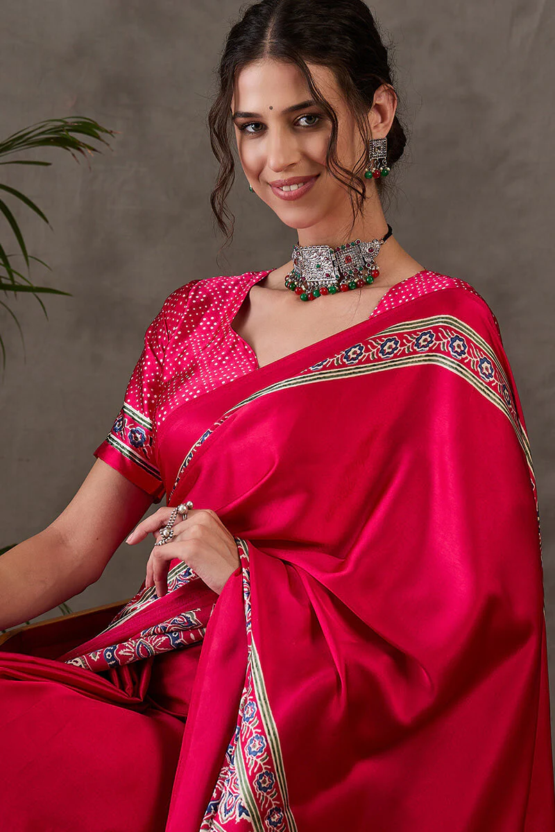 Magnetic Dark Pink Ajrakh Printed Semi Modal Silk Saree With Classy Blouse Piece - Image 2