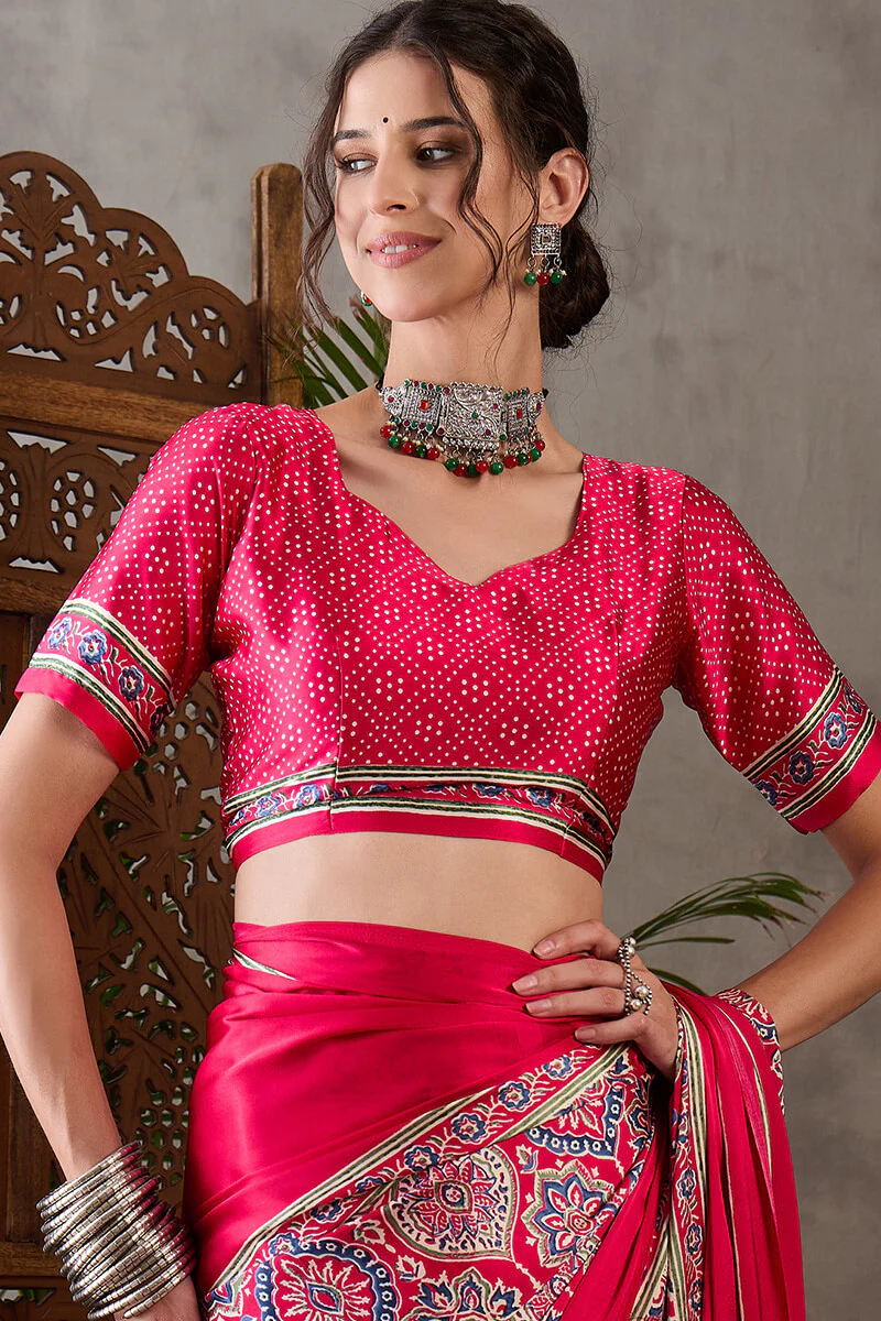 Magnetic Dark Pink Ajrakh Printed Semi Modal Silk Saree With Classy Blouse Piece - Image 4