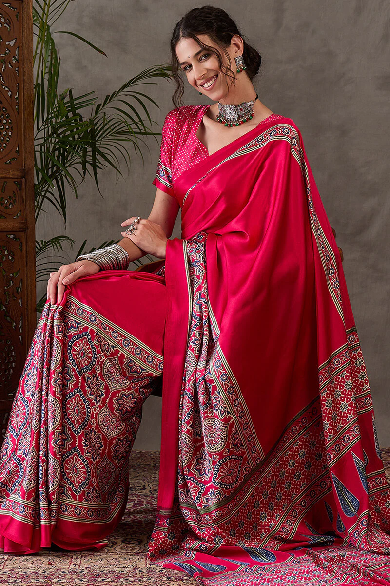 Magnetic Dark Pink Ajrakh Printed Semi Modal Silk Saree With Classy Blouse Piece - Image 6
