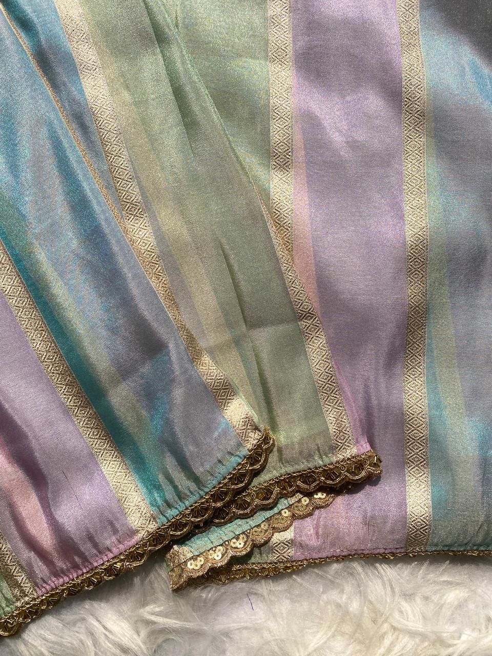 Magnetic Multicolor Soft Banarasi Tissue Silk Saree With Classy Blouse Piece - Image 3