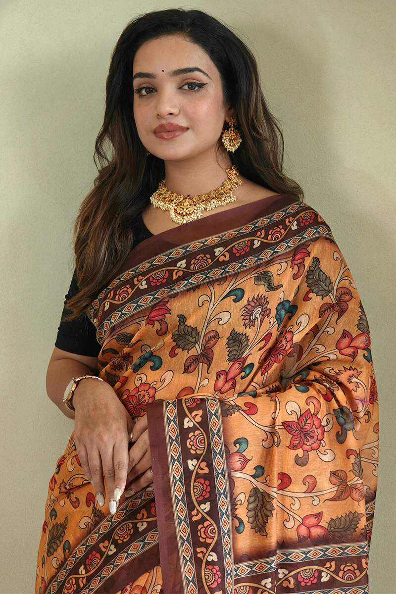 Magnetic Mustard Kalamkari Printed Saree With Snappy Blouse Piece - Image 2
