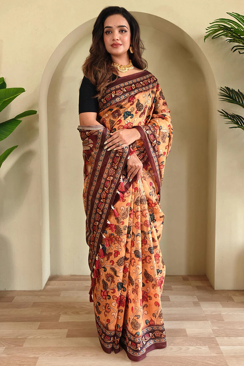 Magnetic Mustard Kalamkari Printed Saree With Snappy Blouse Piece - Image 3