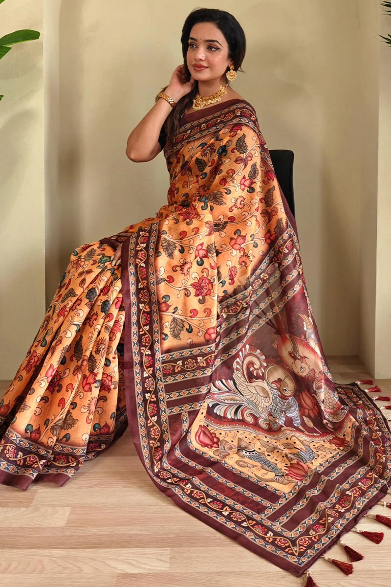 Magnetic Mustard Kalamkari Printed Saree With Snappy Blouse Piece - Image 4