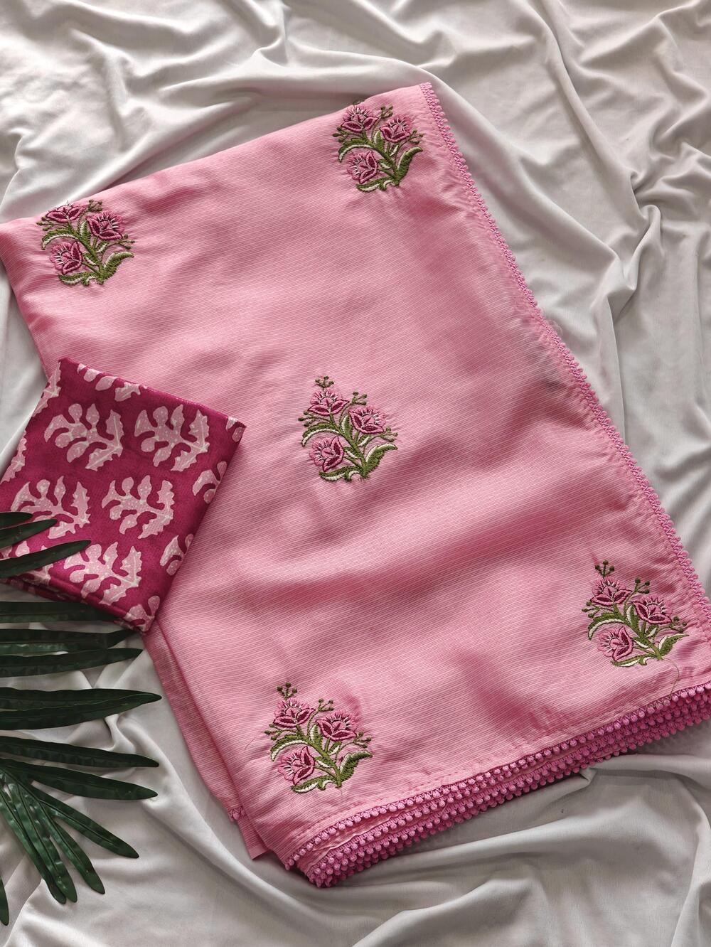 Magnetic Pink Embroidery Work Kota Doriya Silk Saree With Classy Blouse Piece - Image 2