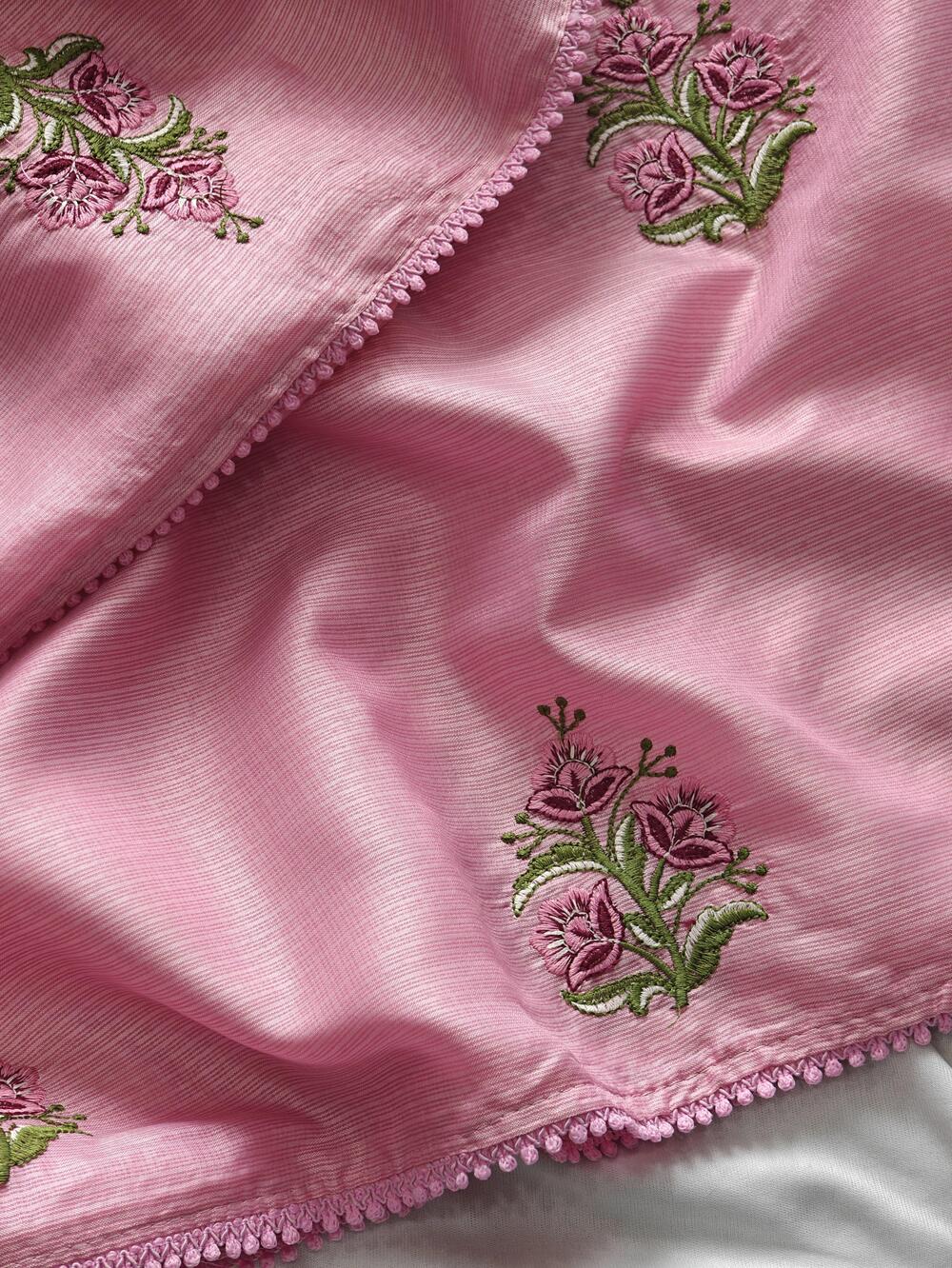 Magnetic Pink Embroidery Work Kota Doriya Silk Saree With Classy Blouse Piece - Image 4