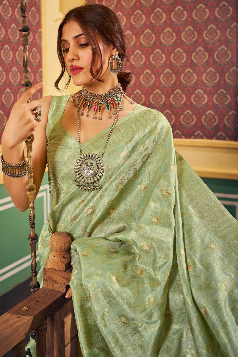 Magnetic Pista Soft Banarasi Silk Saree With Propinquity Blouse Piece - Image 2