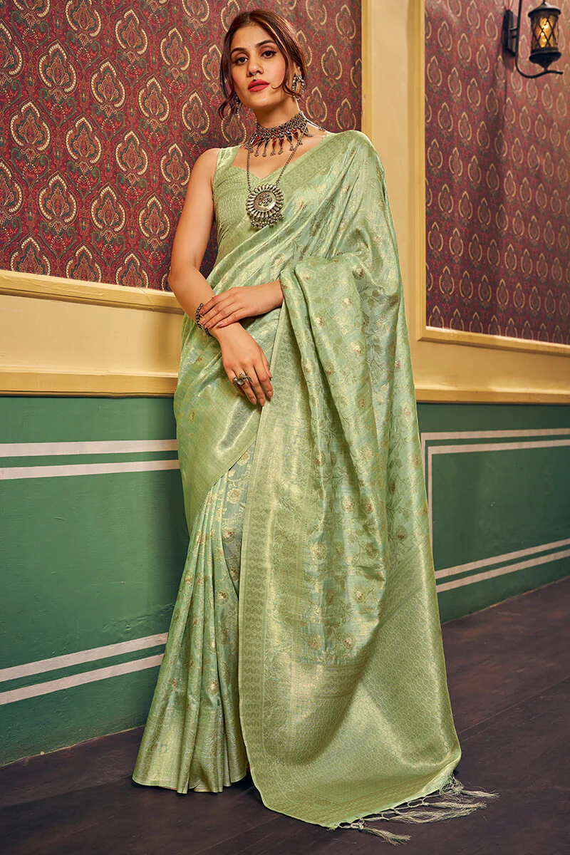 Magnetic Pista Soft Banarasi Silk Saree With Propinquity Blouse Piece - Image 3