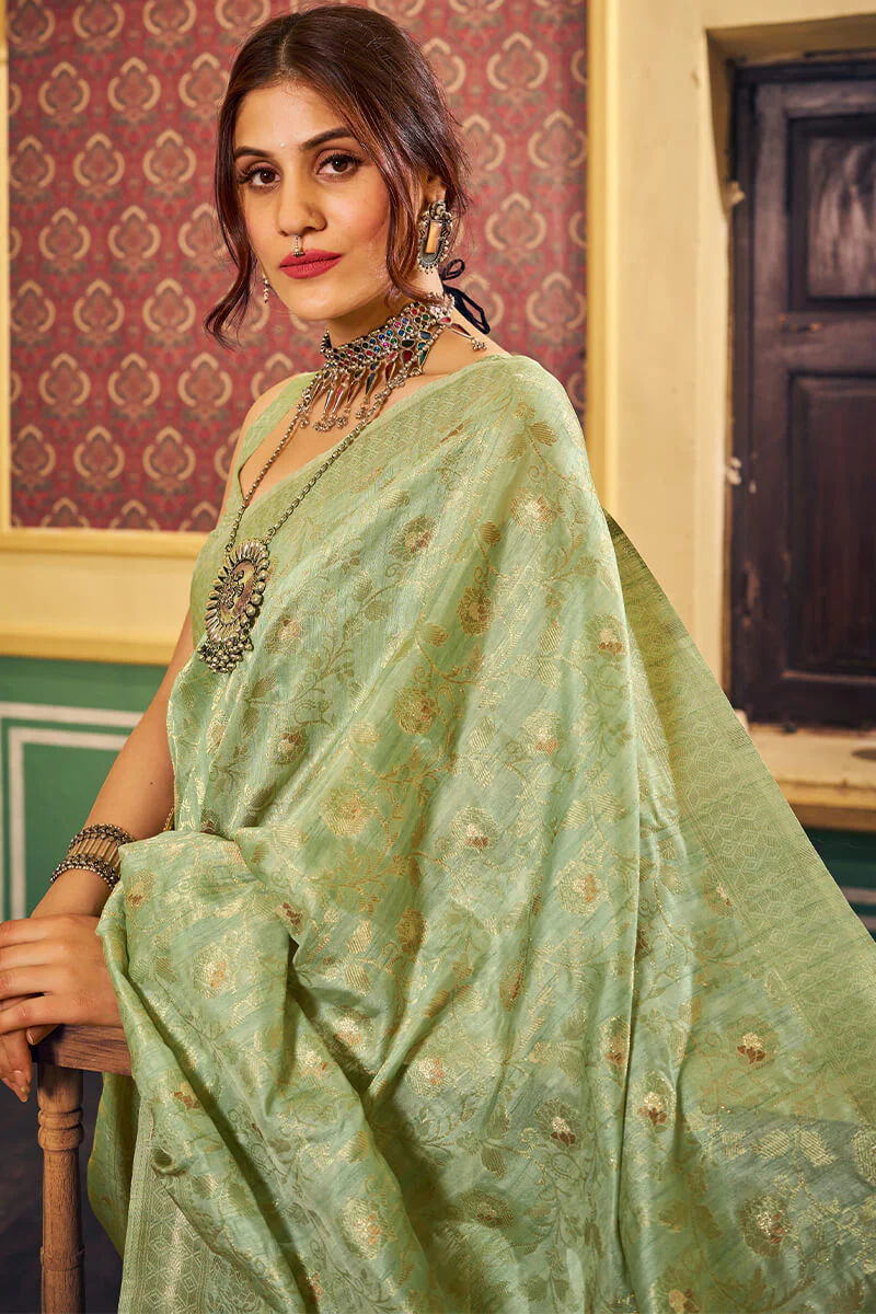 Magnetic Pista Soft Banarasi Silk Saree With Propinquity Blouse Piece - Image 6