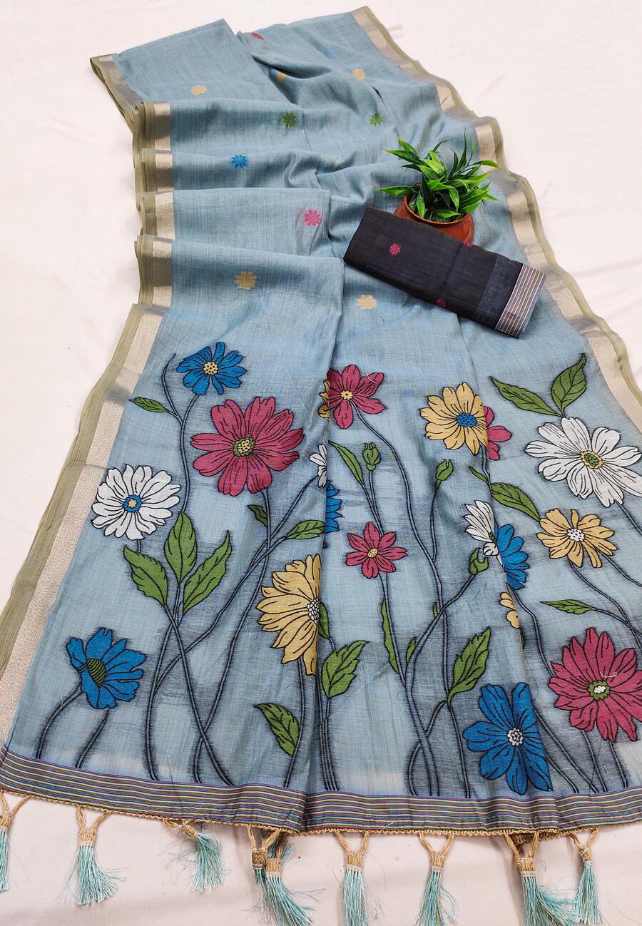 Magnetic Sky Pure Munga Cotton Silk Saree With Outstanding Blouse Piece - Image 2