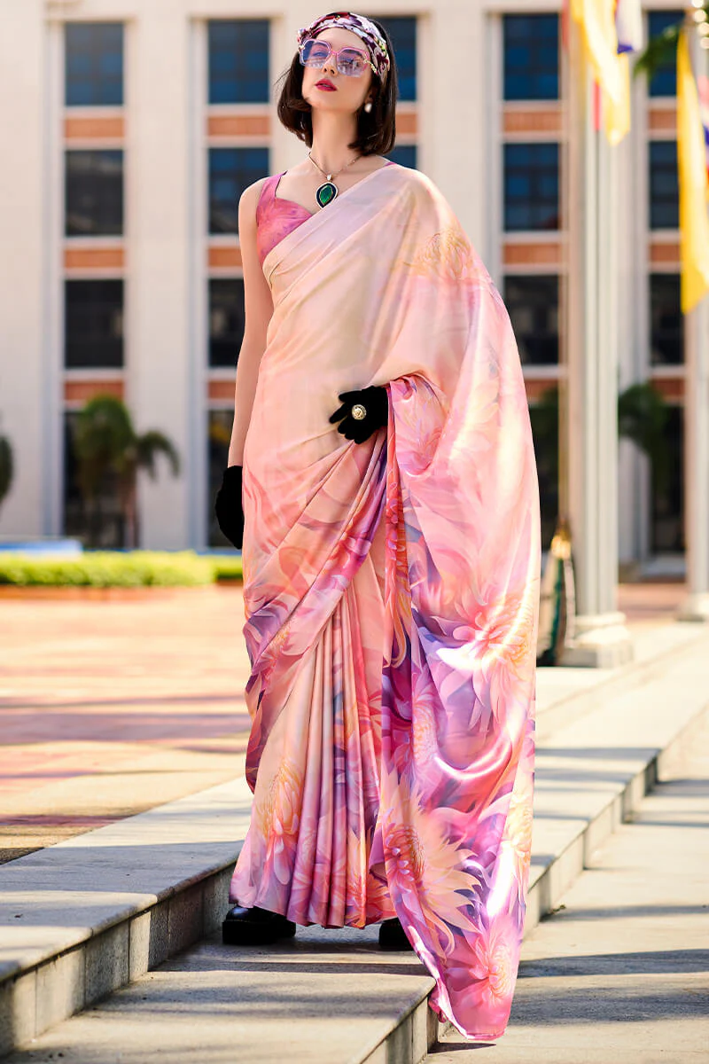 Magnificat Baby Pink Digital Printed Satin Silk Saree With Incredible Blouse Piece - Image 4