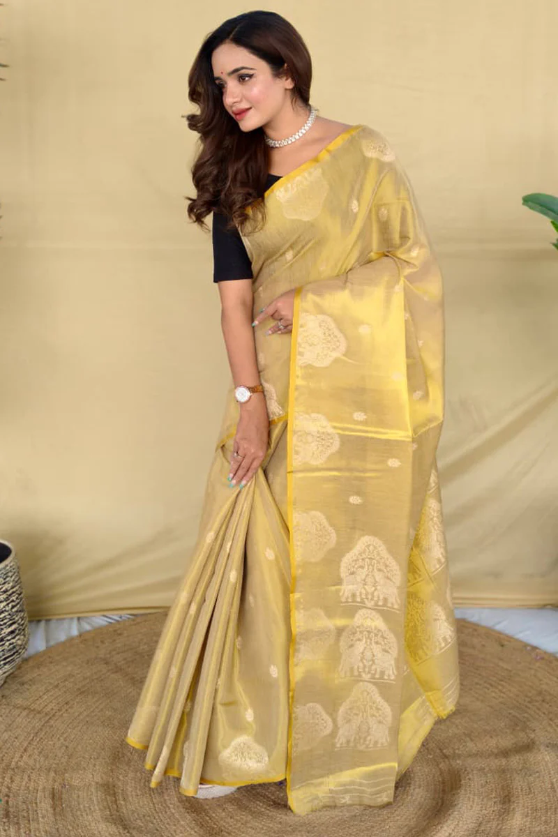 Magnificat Beige Banarasi Tissue Silk Saree With Proficient Blouse Piece