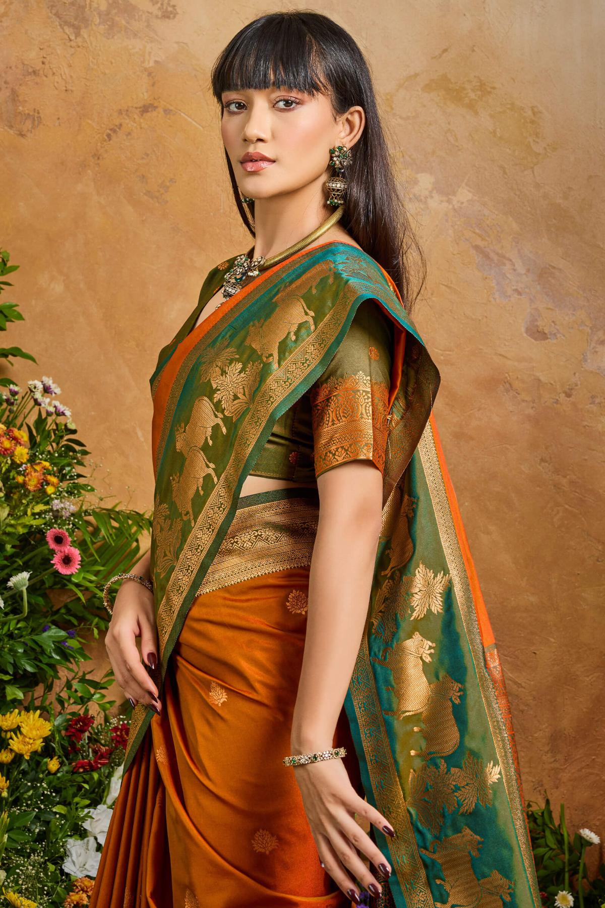 Magnificat Brown Soft Banarasi Silk Saree With Elision Blouse Piece - Image 2