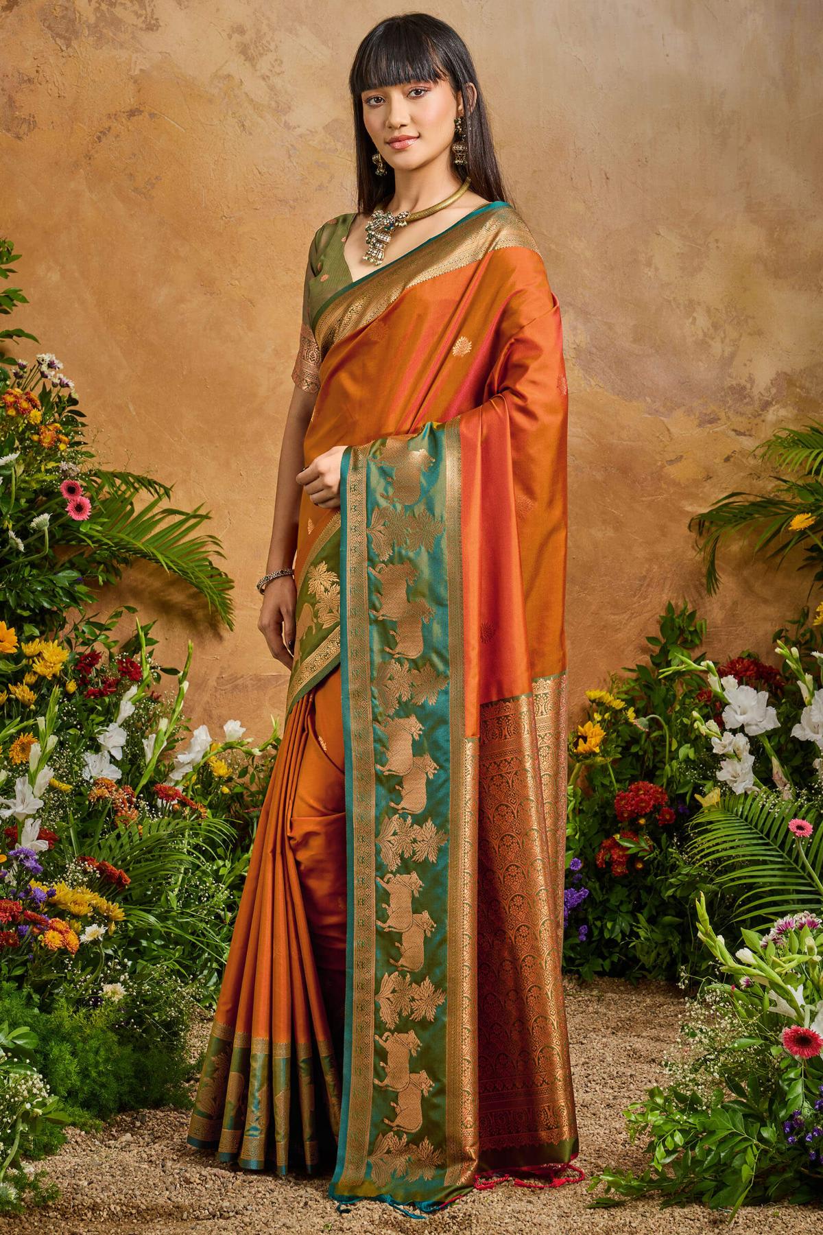 Magnificat Brown Soft Banarasi Silk Saree With Elision Blouse Piece - Image 3