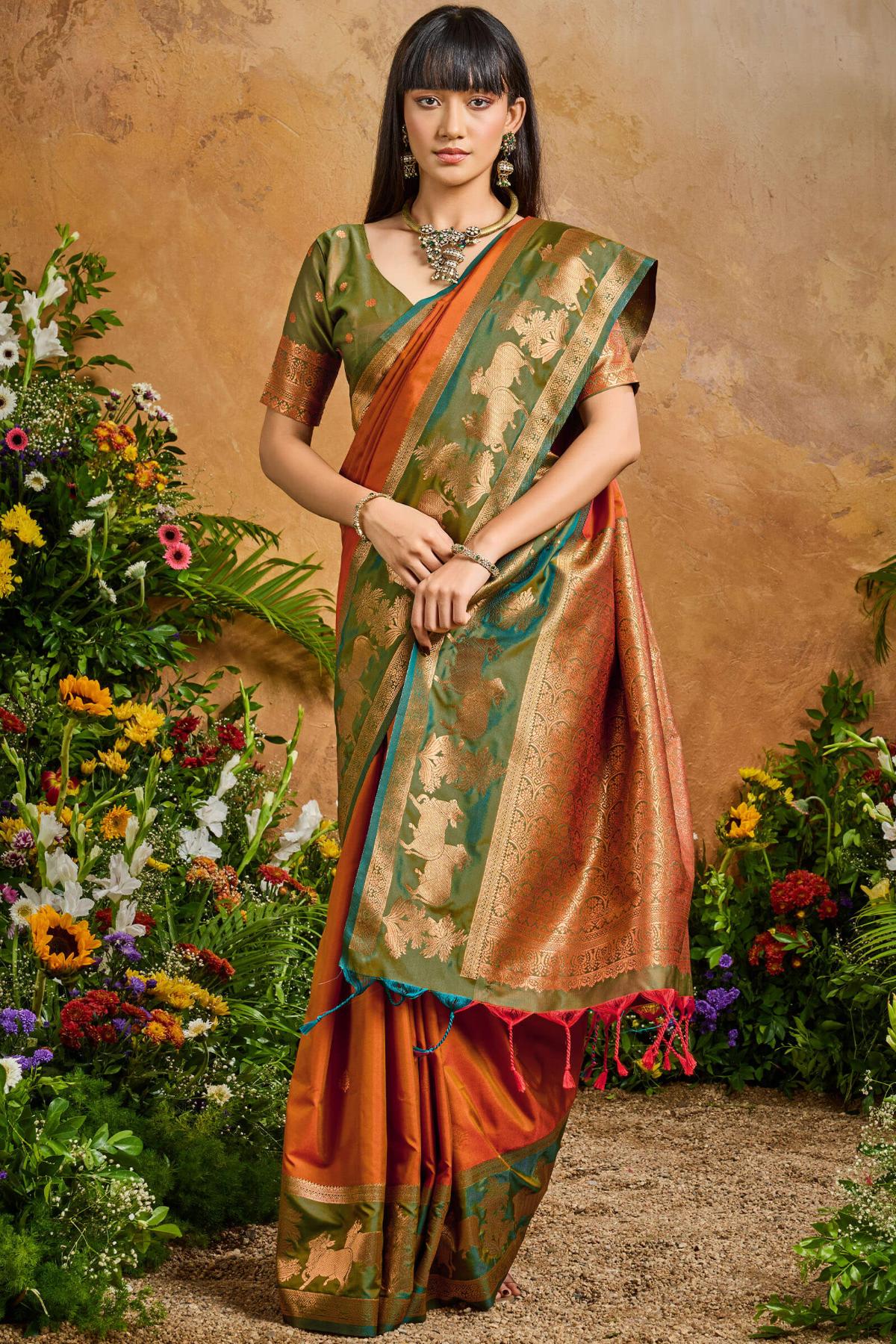Magnificat Brown Soft Banarasi Silk Saree With Elision Blouse Piece - Image 5
