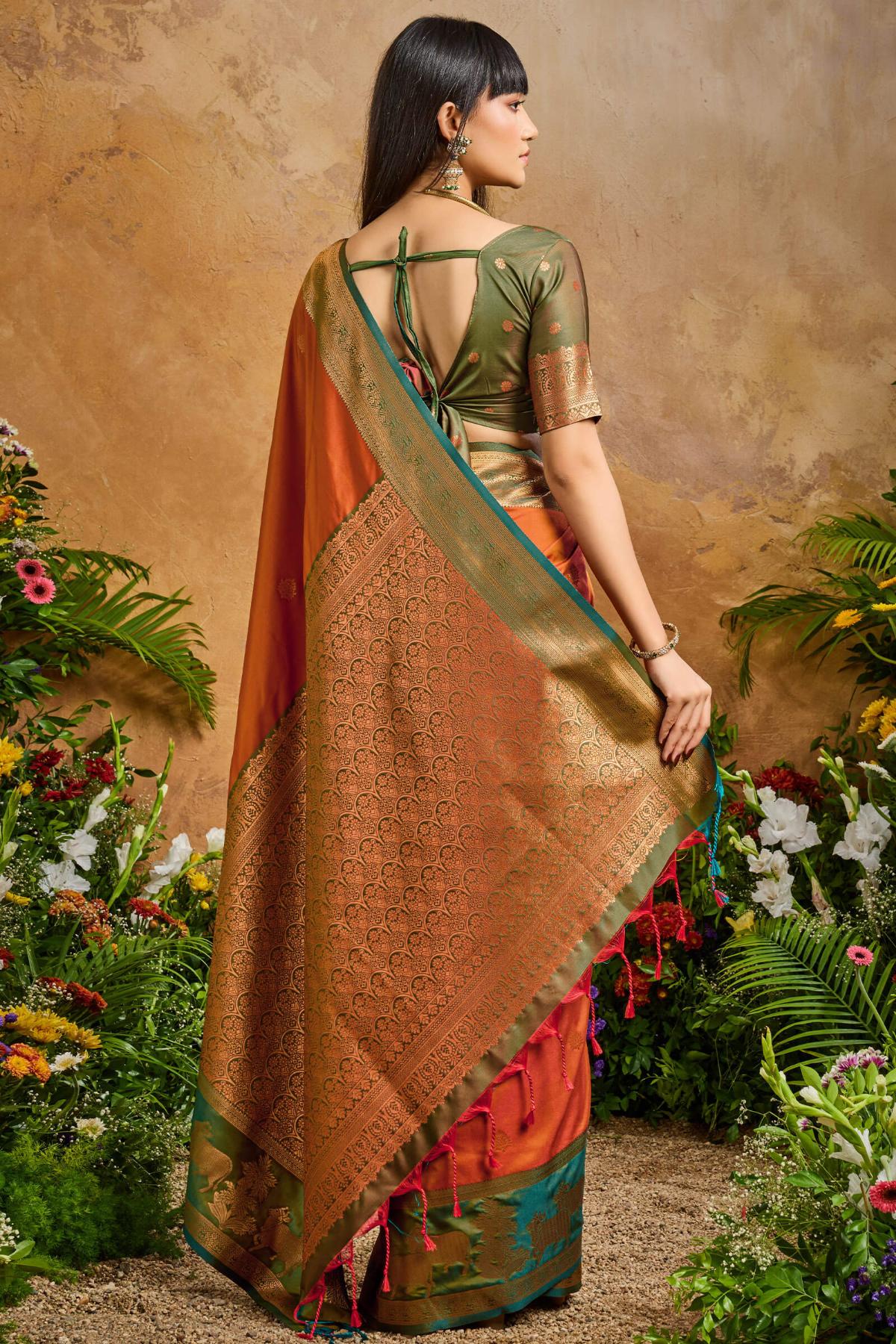 Magnificat Brown Soft Banarasi Silk Saree With Elision Blouse Piece - Image 6