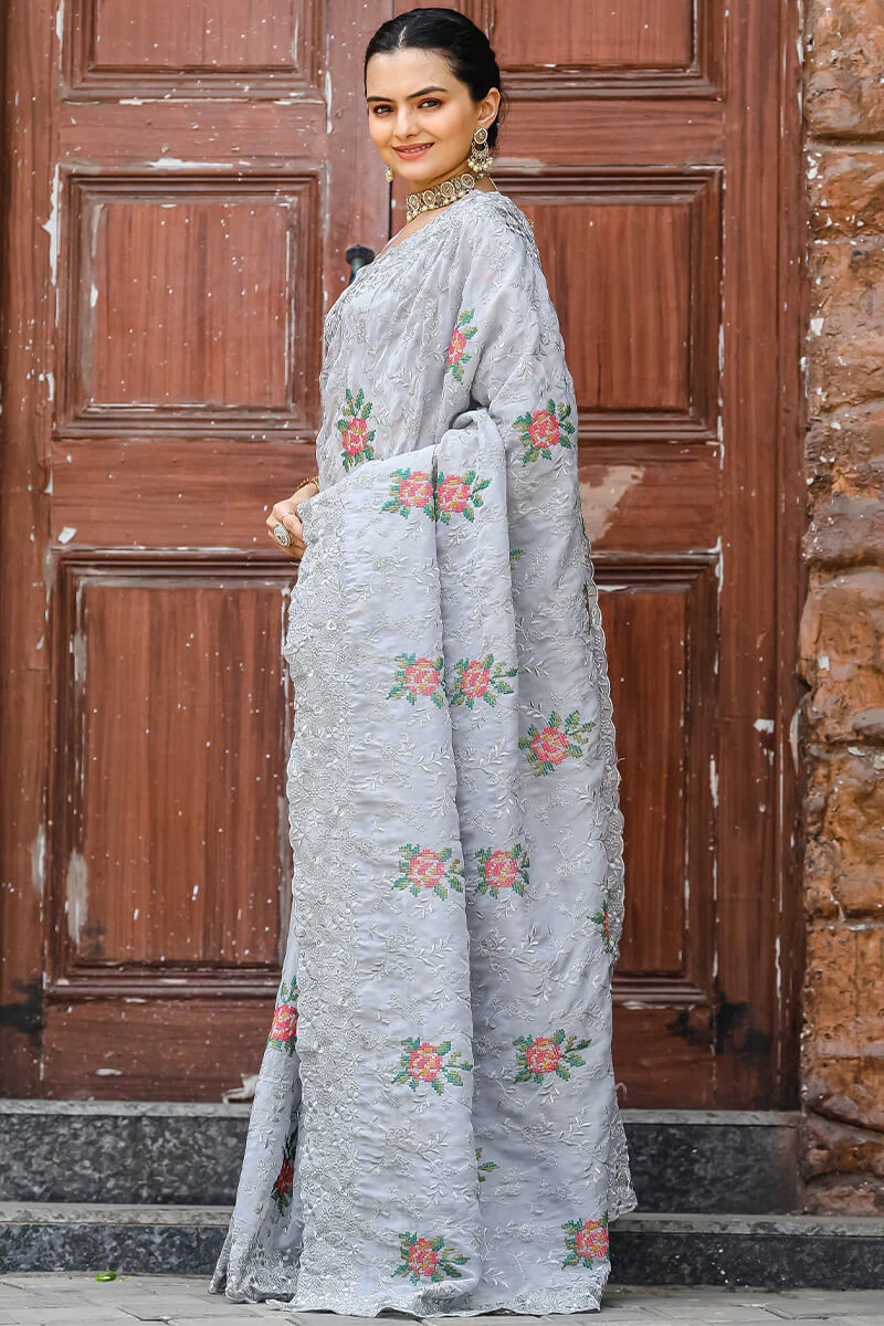 Magnificat Grey Embroidery Work Chiffon Silk Saree With Piquant Blouse Piece - Image 3