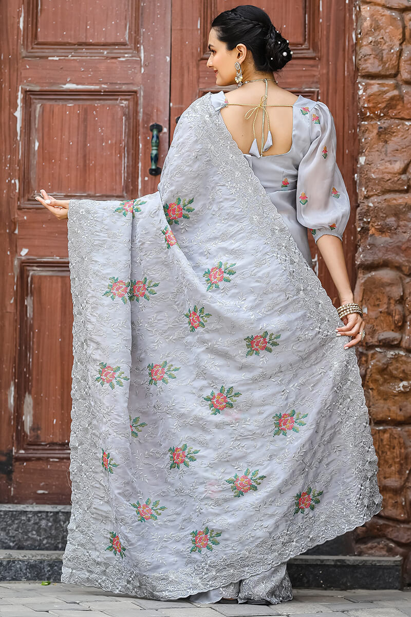 Magnificat Grey Embroidery Work Chiffon Silk Saree With Piquant Blouse Piece - Image 4