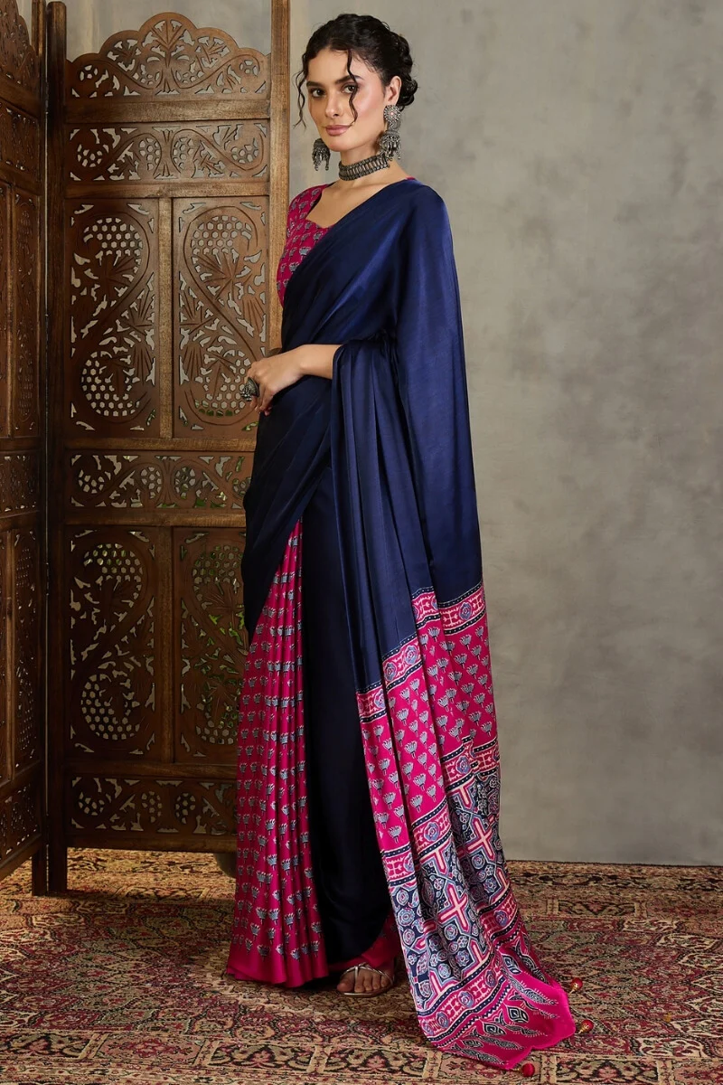 Magnificat Navy Blue Ajrakh Printed Semi Modal Silk Saree With Rhapsodic Blouse Piece - Image 5