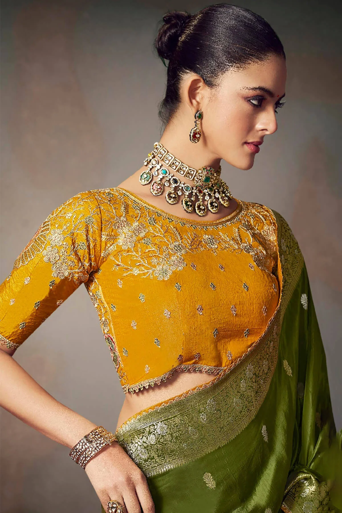Majestic Dark Green Banarasi Silk Saree With Embroidery Blouse Piece - Image 2