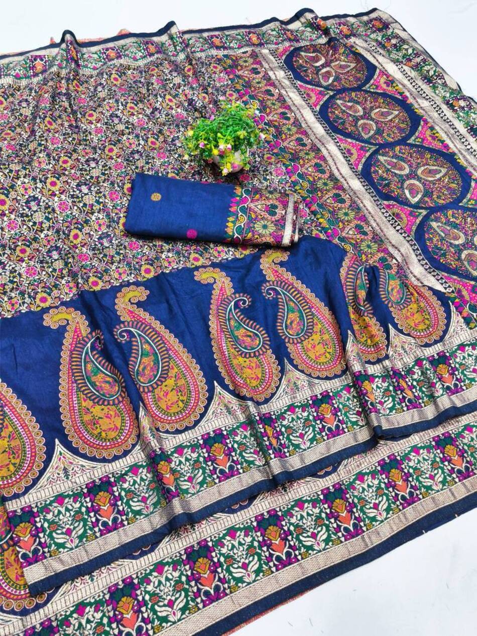 Majestic Navy Blue Nylon Dola Pashmina Saree With Angelic Blouse Piece - Image 2